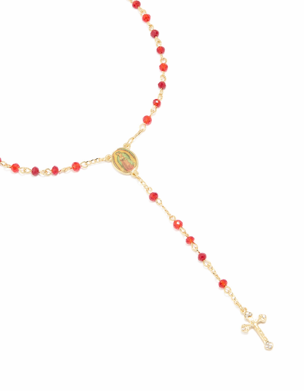 Party Night Adornment Seasonal Jewelry Gold Plated Red Beaded Cross Mary Lariat Necklace
