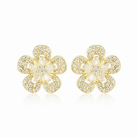 Surgical Steel Five Petal CZ Flower Stud Earrings Glossy Accent Night Ornament
