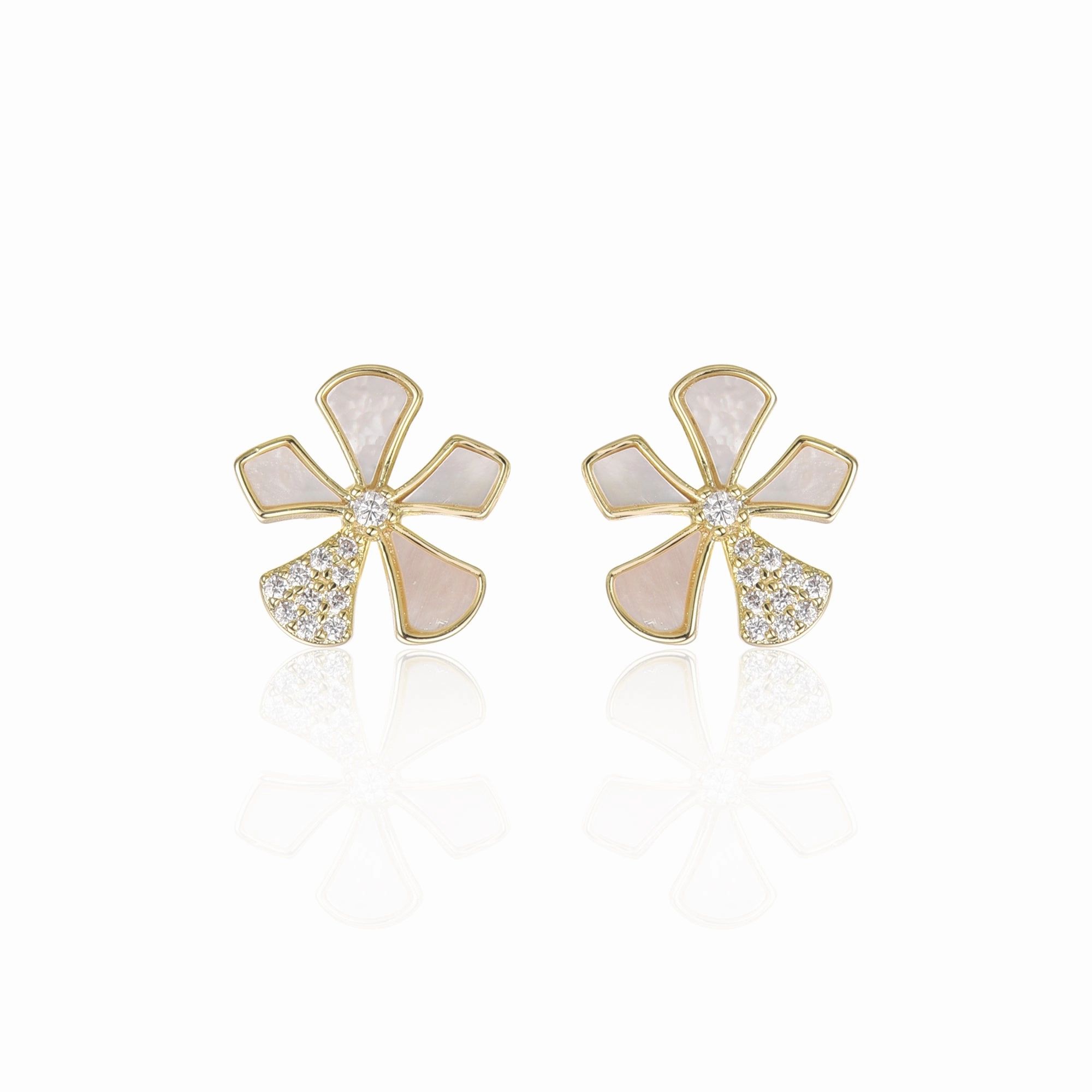 Surgical Steel Gold Plated Mother of Pearl And CZ Five Petal Flower Stud Earrings Adorable Trinket