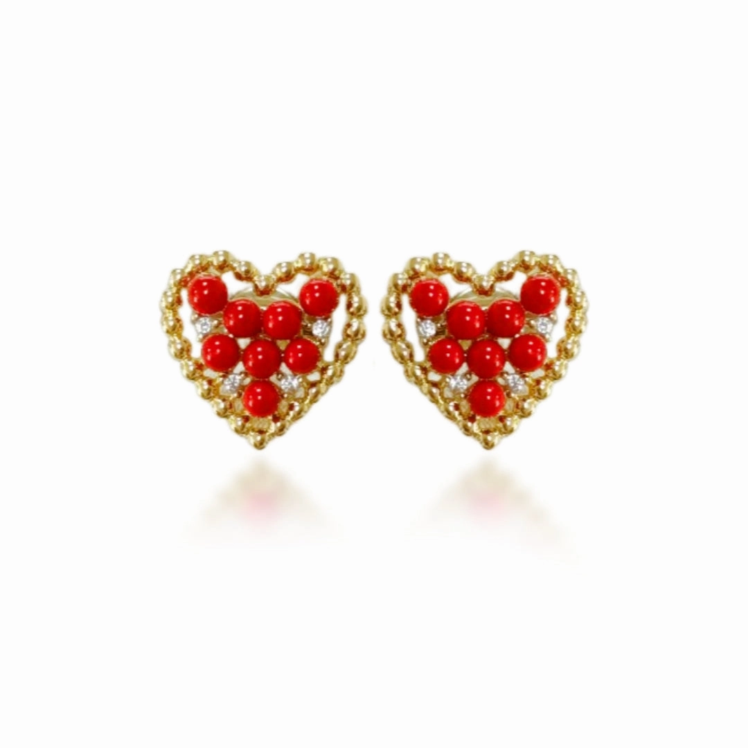 Surgical Steel Red Bead Heart Stud Earrings Spiral Embellishment Round Ornament