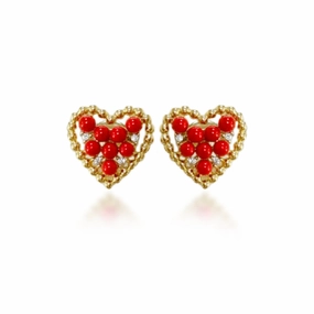 Surgical Steel Red Bead Heart Stud Earrings Spiral Embellishment Round Ornament