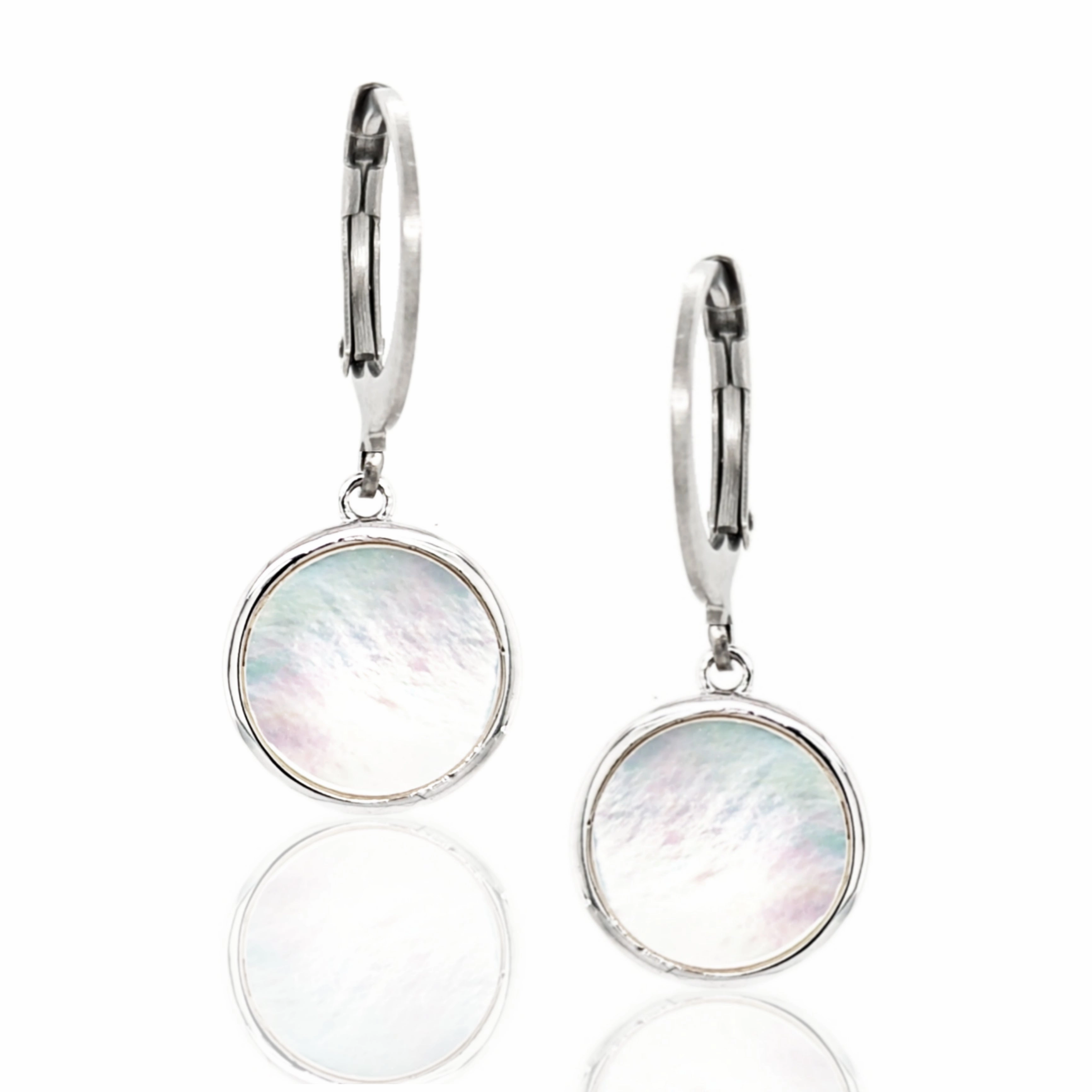 Surgical Steel with Sterling Silver Mother of Pearl Circles Leverback Earrings Colorful Decoration Oval Piece