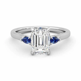 Three Stone Emerald Cut Moissanite Engagement Ring with Hidden Anniversary Stone Accent Secure Art Favorite Present