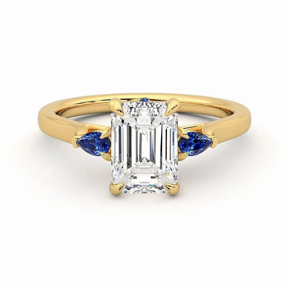 Artful Detail Personal Jewelry Three Stone Emerald Cut Moissanite Engagement Ring with Hidden Anniversary Stone Accent