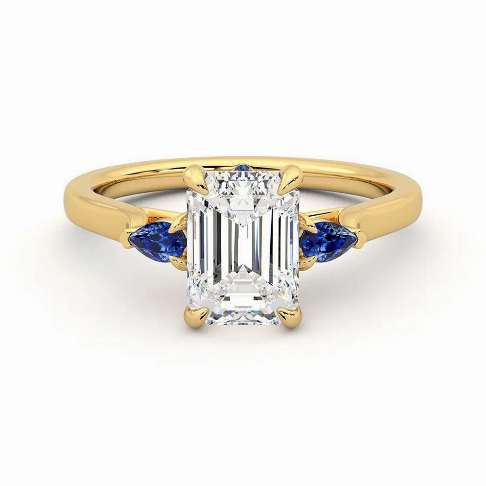 Three Stone Emerald Cut Moissanite Engagement Ring with Hidden Anniversary Stone Accent Fresh Style Birthday Surprise