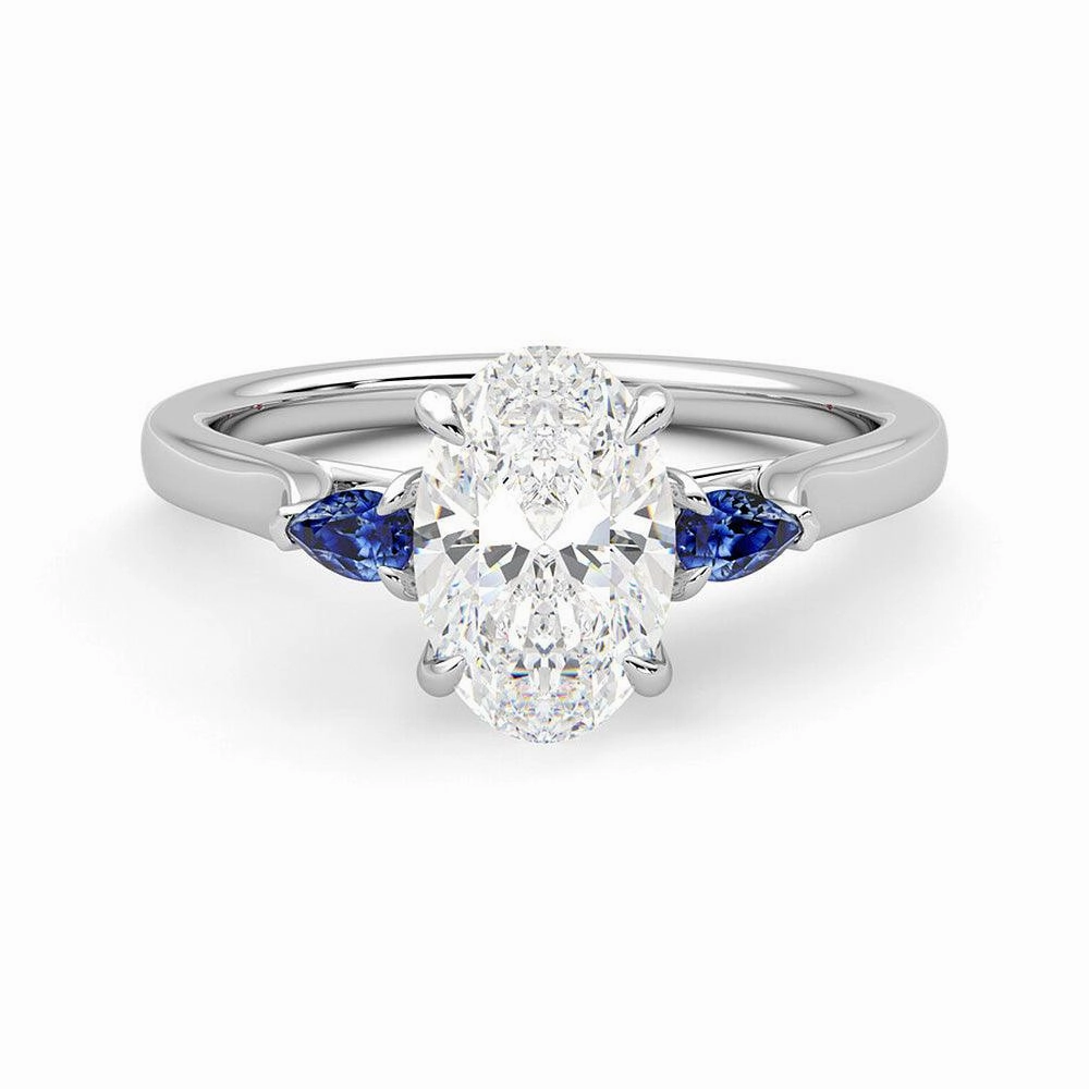Three Stone Oval Cut Moissanite and Sapphire Engagement Ring with Hidden Anniversary Stone Accent Memorable Gift
