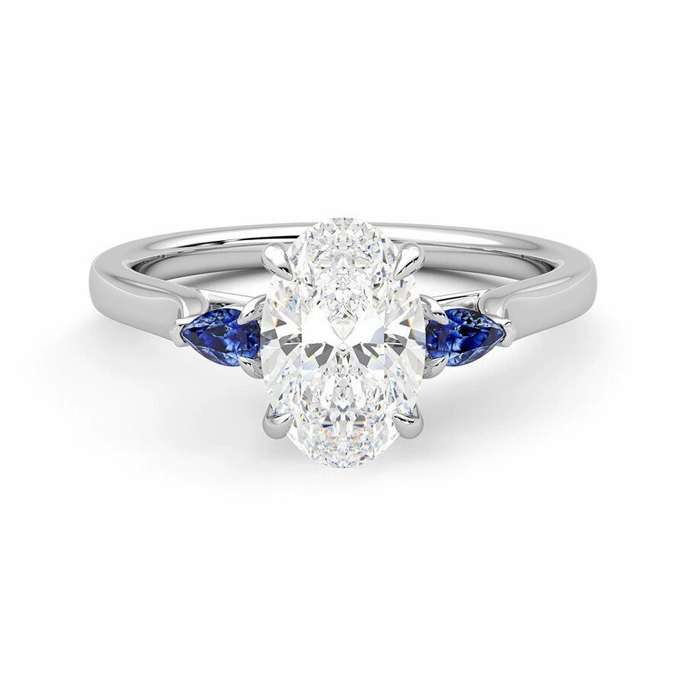 Classic Sparkle Three Stone Oval Cut Moissanite and Sapphire Engagement Ring with Hidden Anniversary Stone Accent