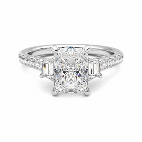 Ornate Art Lasting Memory Three Stone Radiant Cut & Half Moon Moissanite Engagement Ring with Hidden Anniversary Stone Accent