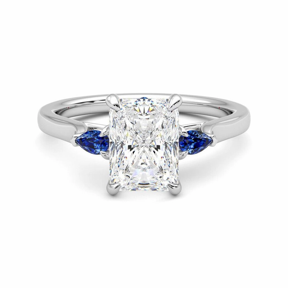 Three Stone Radiant Cut Moissanite Engagement Ring with Hidden Anniversary Stone Accent Premium Craft