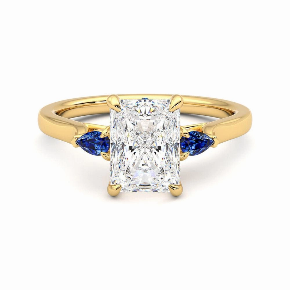 Shimmer Accent Dynamic Gift Three Stone Radiant Cut Moissanite Engagement Ring with Hidden Anniversary Stone Accent
