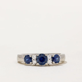 Three Stone Sapphire & Diamond Ring | 0.90ctw, 0.10ctw | SZ 6.5 | Sculpted Sparkle Sunset Look