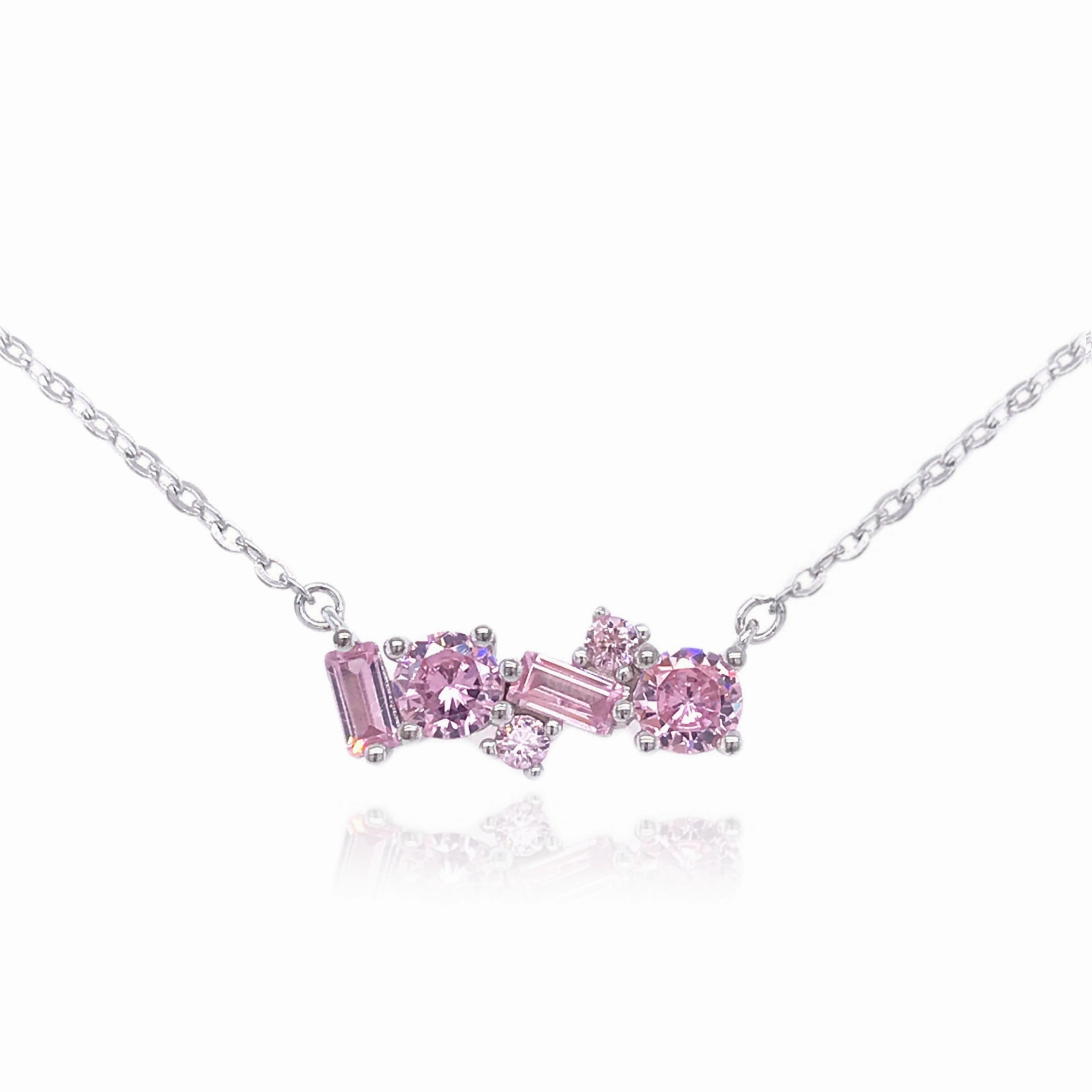 Self Piece Sterling Silver Pink or Clear and Emerald Bar Necklace