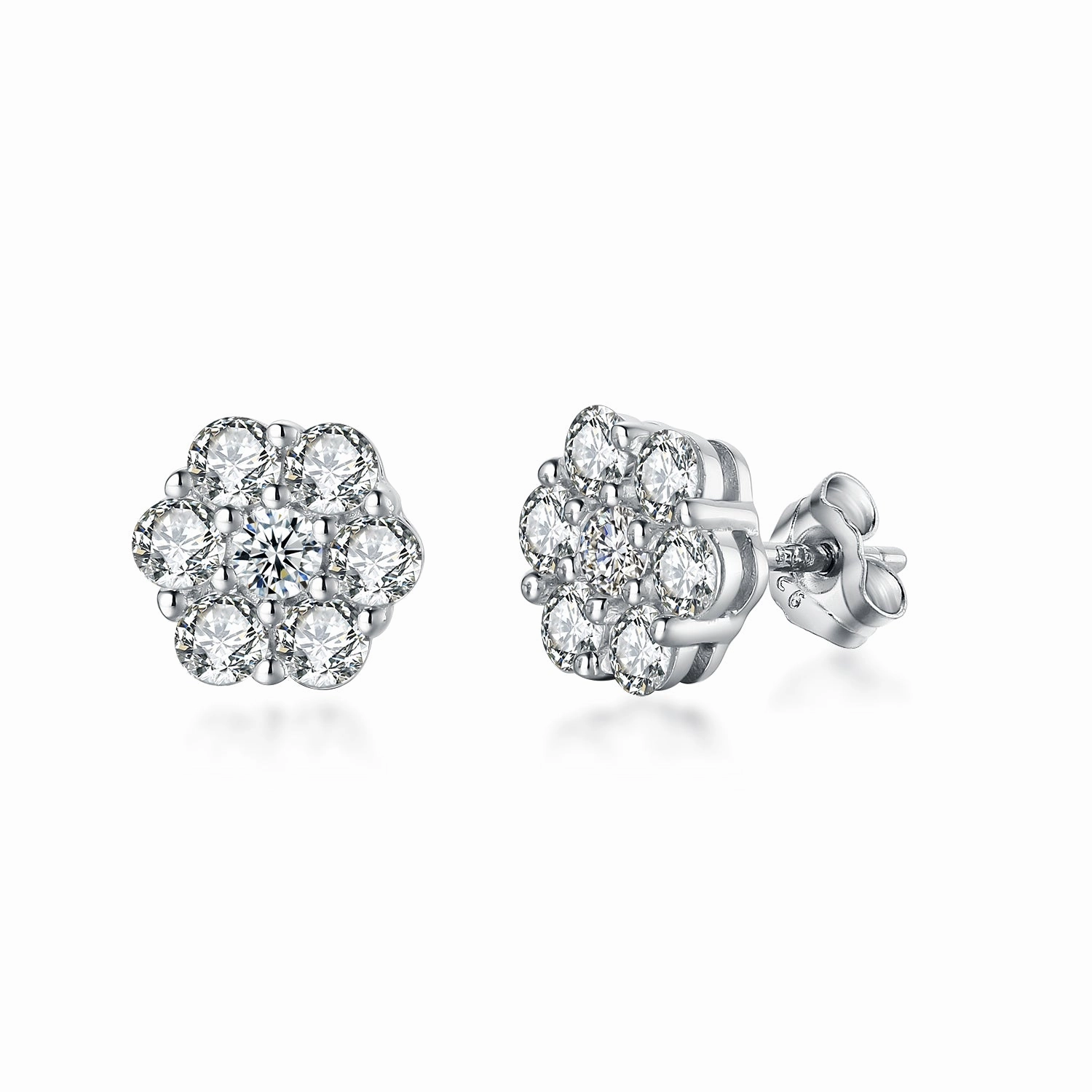 Rhodium Plated Sterling Silver 7 Stone CZ Cluster Stud Earring Vintage-Inspired Accent Daytime Decoration
