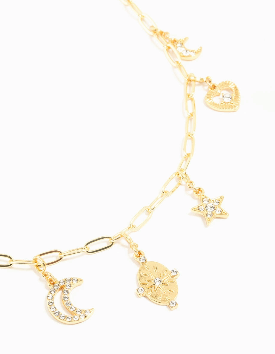 Gold Plated Celestial Charm Necklace Initial Adornment