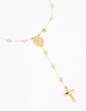 Gold Plated Green Semi Precious Cross Y-Necklace Casual Item Outdoor Style