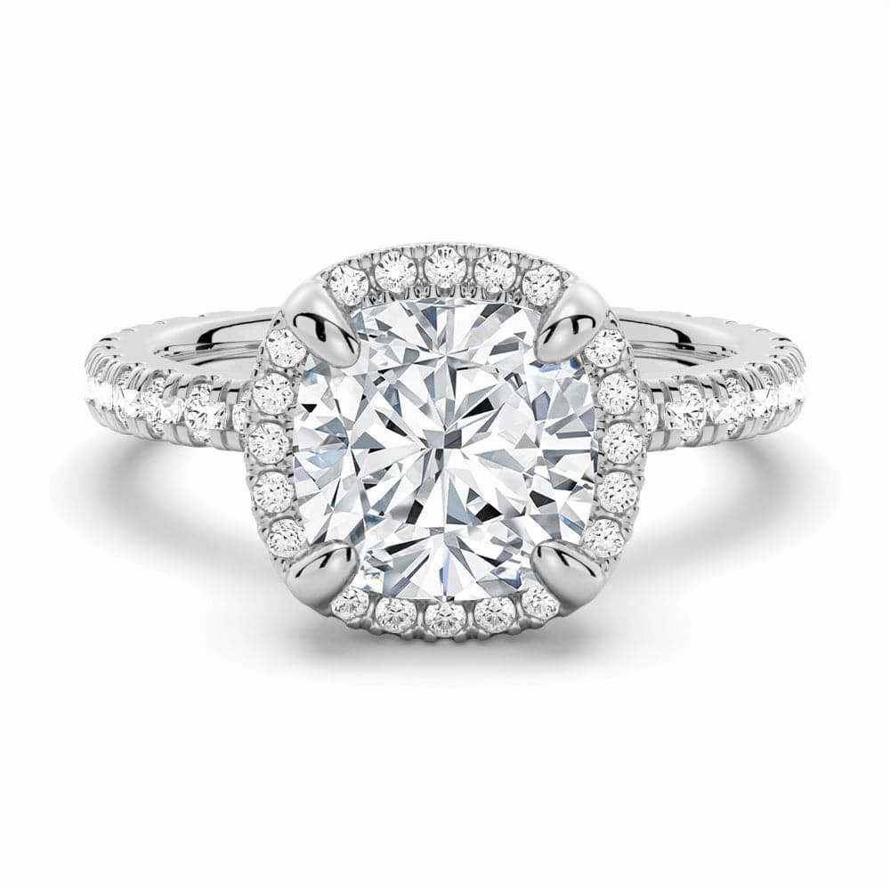 Lightweight Style Half Eternity Cushion Cut Moissanite Halo Engagement Ring