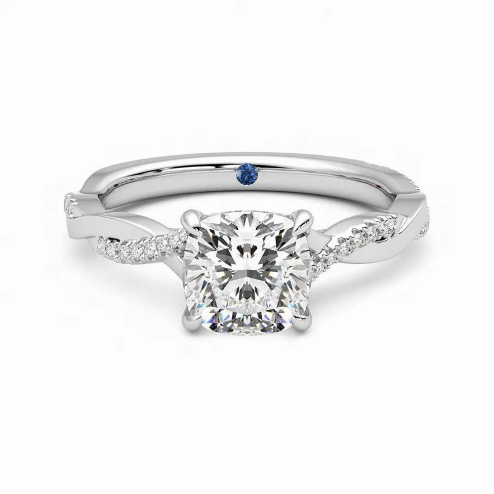 Romantic Ornament Twisted Band Cushion Cut Moissanite Engagement Ring with Hidden Anniversary Stone Accent