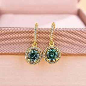 Louily Stunning Yellow Gold Halo Round Cut Paraiba Tourmaline Drop Earrings In Sterling Silver Polygonal Decoration
