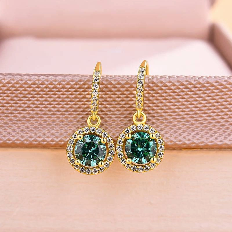 Louily Stunning Yellow Gold Halo Round Cut Paraiba Tourmaline Drop Earrings In Sterling Silver Polygonal Decoration