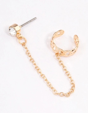 Avant-Garde Embellishment Gold Chainlink Cuff & Diamante Chain Earrings