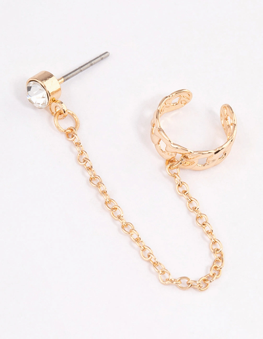 Avant-Garde Embellishment Gold Chainlink Cuff & Diamante Chain Earrings
