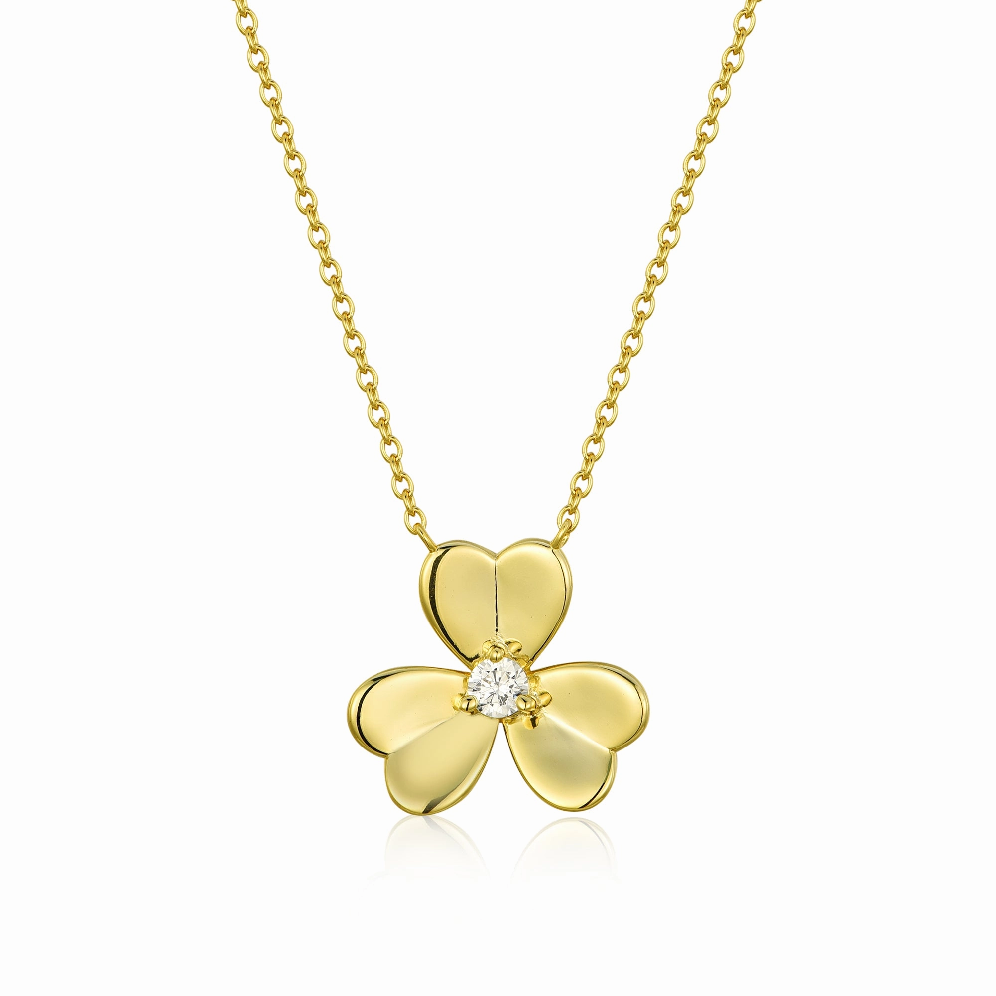 Lightweight Item Monochrome Piece Gold Plated Sterling Silver Three Leaf Flower With Center CZ Necklace