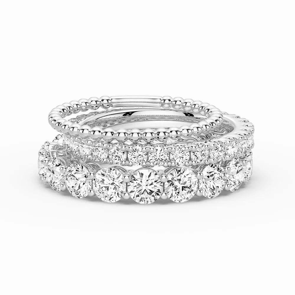 Artisan Finish French Pave Round Cut Moissanite Eternity Bands with Simple Beaded Band Stacking Rings