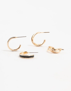 Simple Feature Gold & Black Cross Over Hoop Earrings 2-Pack