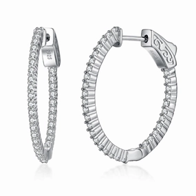 Geometric Jewelry Rhodium Plated Sterling Silver Oval Shaped CZ Hoop Earrings