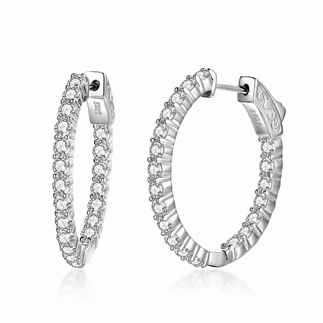 Rhodium Plated Sterling Silver Oval Shaped CZ Hoop Earrings Trendy Accessory Substantial Ornament