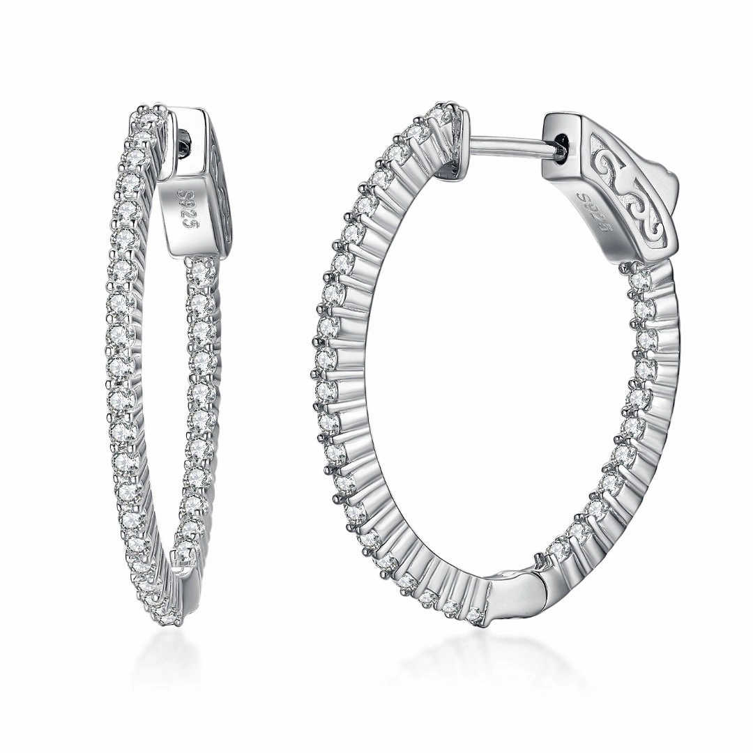 Geometric Jewelry Rhodium Plated Sterling Silver Oval Shaped CZ Hoop Earrings
