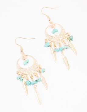 Turquoise Semi Precious Dream Catcher Gold Drop Earrings Retro Ornament