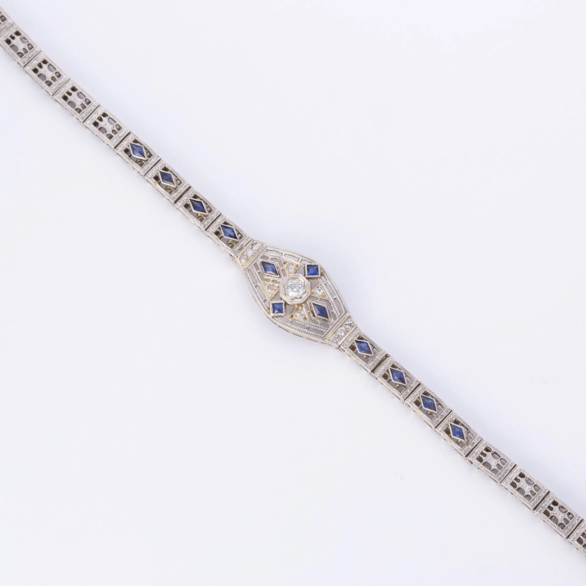 Vintage 14k and Platinum Diamond and Sapphire Bracelet | 0.20ctw, 0.70ctw | 7" Handmade Glam Radiant Design