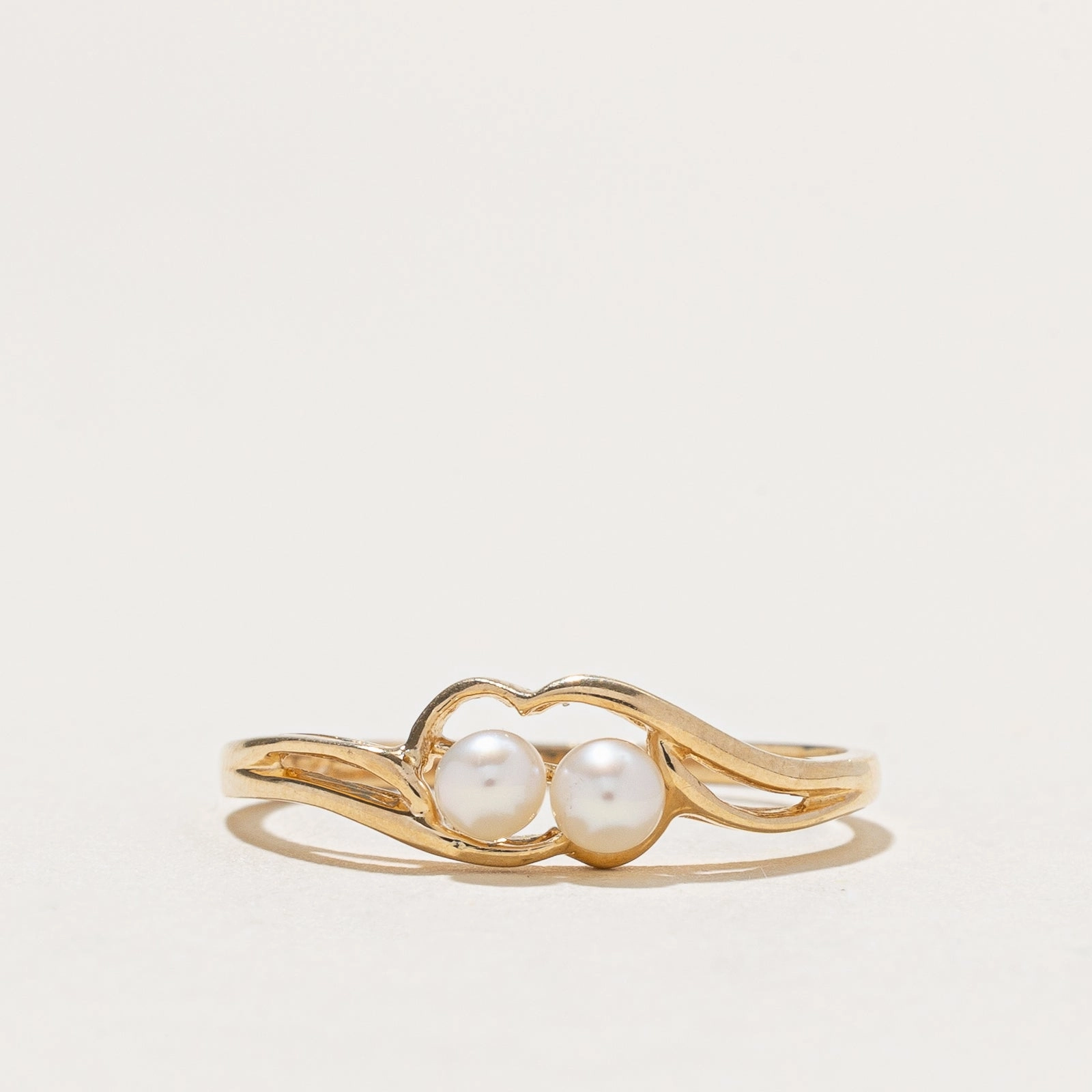 Gleaming Finish Ornate Accent Two Stone Pearl Bypass Ring | SZ 7