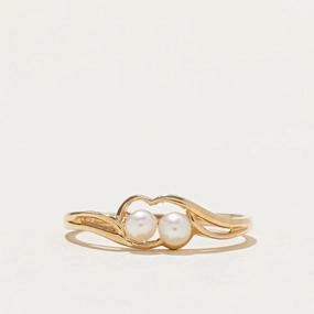 Gleaming Finish Ornate Accent Two Stone Pearl Bypass Ring | SZ 7