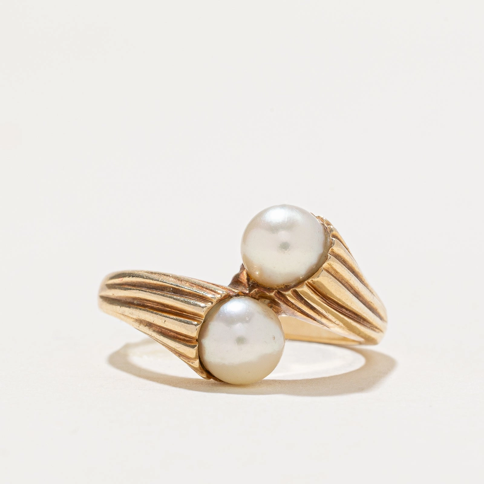 Timeless Detailing Cozy Look Two Stone Pearl Grooved Bypass Ring | SZ 6.25