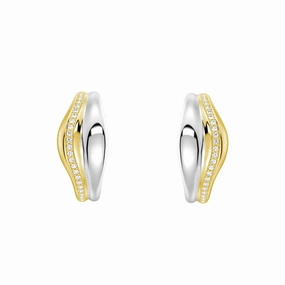 Ornate Option Glittering Detail Two-Tone Semi Hoop Eearrings with Edge-Stitched Diamonds
