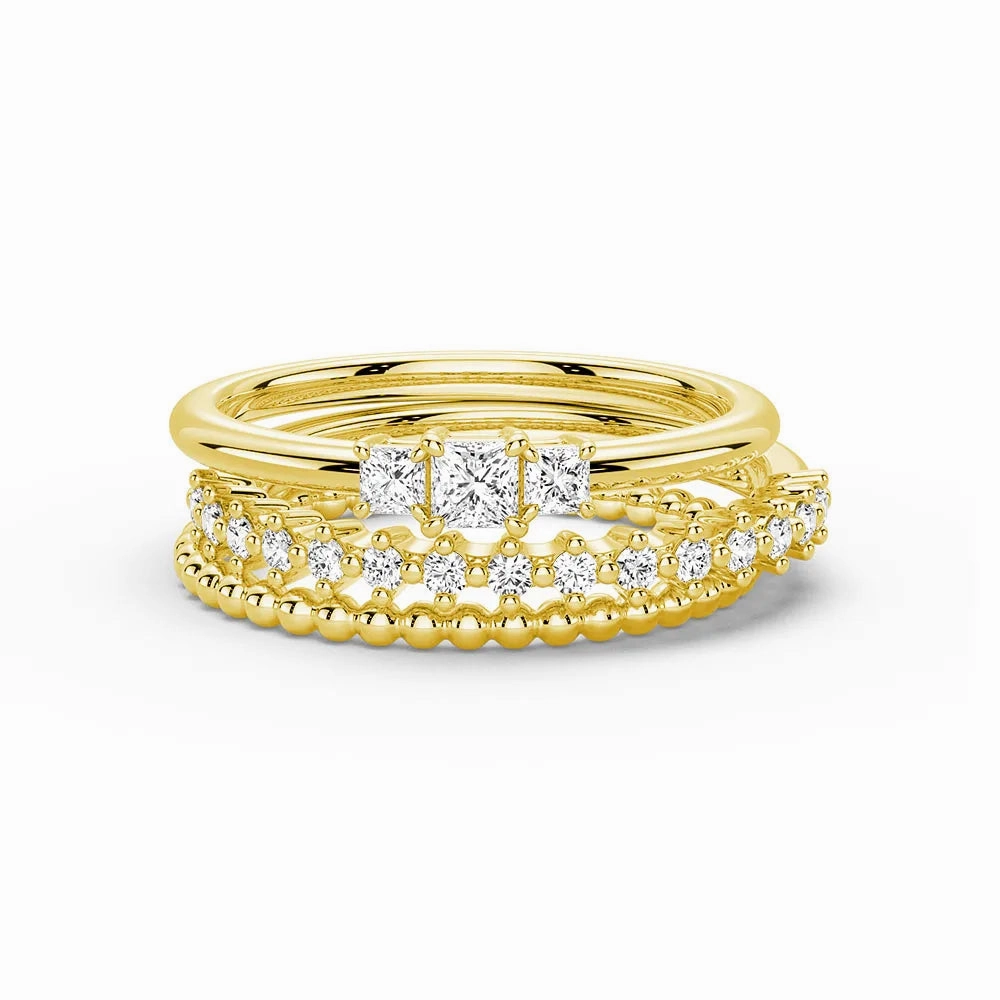 Matching Pair Celestial Compass And Princess Lab Diamond Stacking Rings with Beaded Accent Band