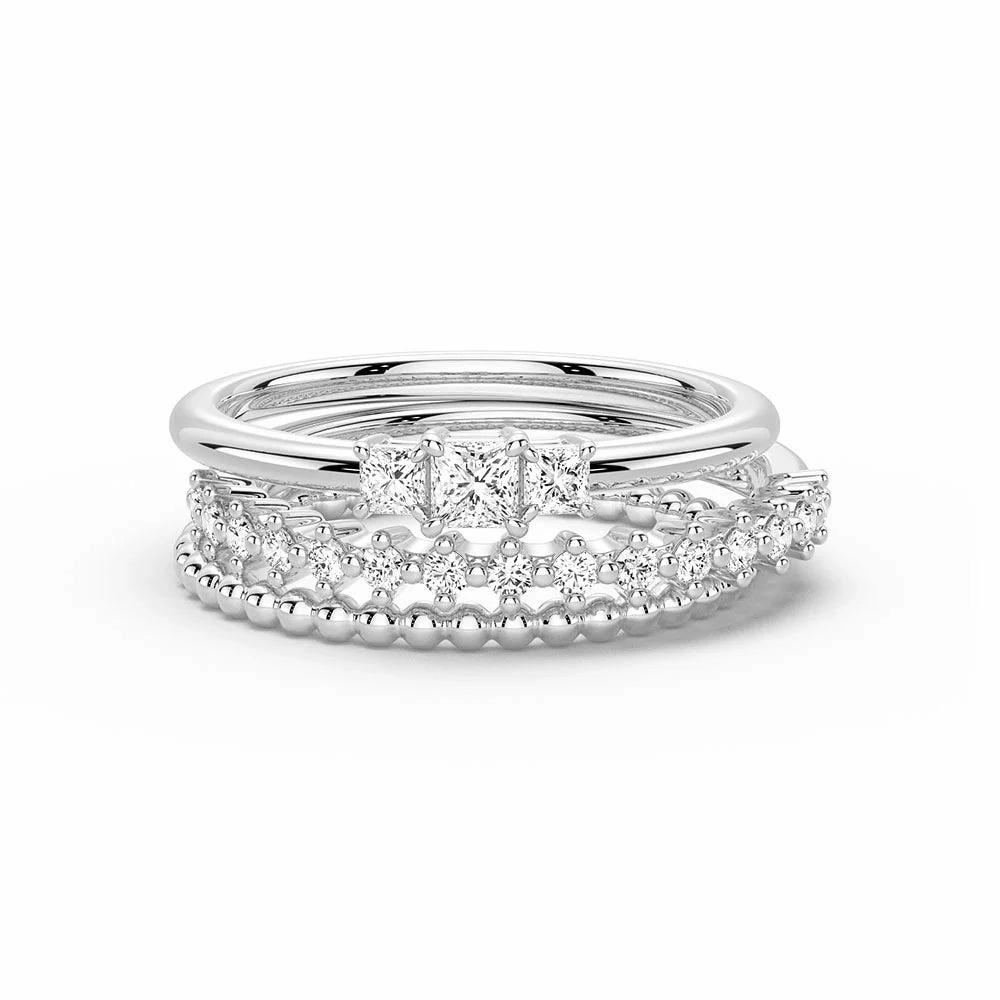 Celestial Compass And Princess Lab Diamond Stacking Rings with Beaded Accent Band Glamorous Item