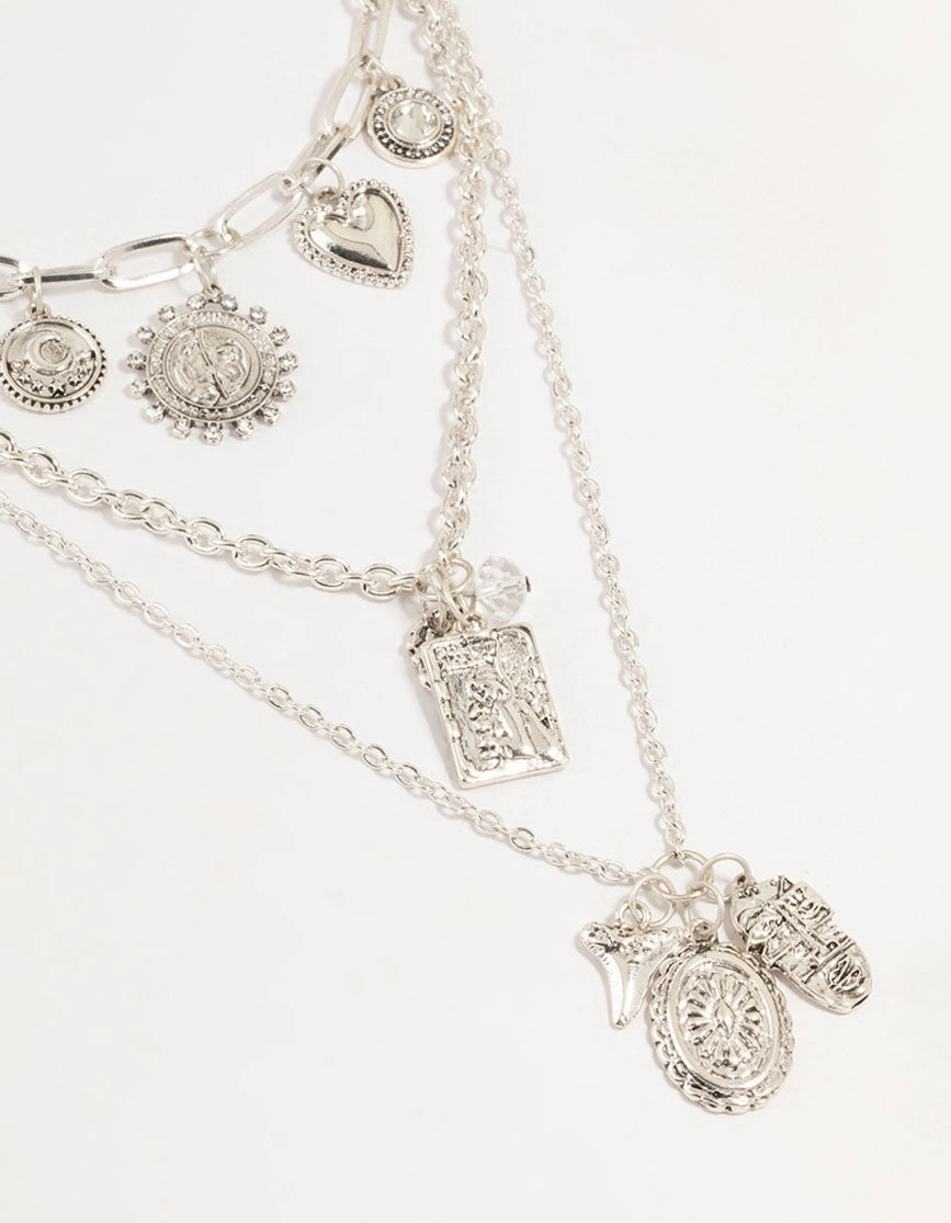 Silver Heart, Sun & Diamante Charm Layered Necklace Family Style