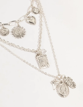 Silver Heart, Sun & Diamante Charm Layered Necklace Family Style