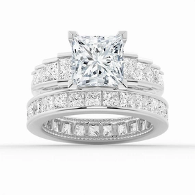 Formal Look Unique Cinderella Staircase Princess Cut Moissanite Ring Set with Matching Wedding Band