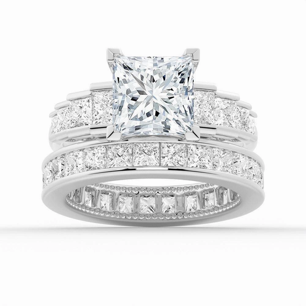 Clean Accent Ornate Design Unique Cinderella Staircase Princess Cut Moissanite Ring Set with Matching Wedding Band