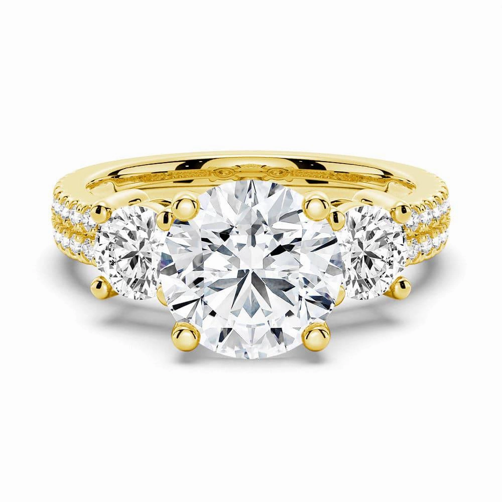 Secure Symbol Double Row Pave Three Stone Round Cut Moissanite Engagement Ring