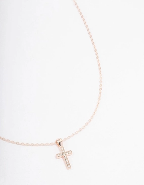 Vlogger Piece Rose Gold Diamante Cross Short Necklace