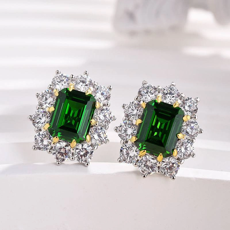 Louily Vintage Flower Design Emerald Cut Emerald Green Earrings In Sterling Silver Trendy Vibe