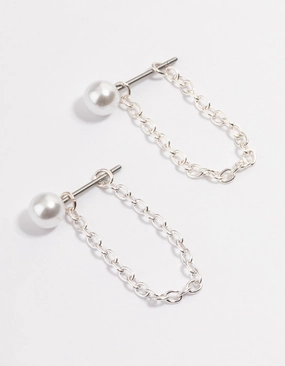 Evening Jewelry Silver Pearl Chain Front & Back Earrings