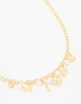 Gold Plated Cross & Mixed Charm Necklace Retro Accent Attractive item