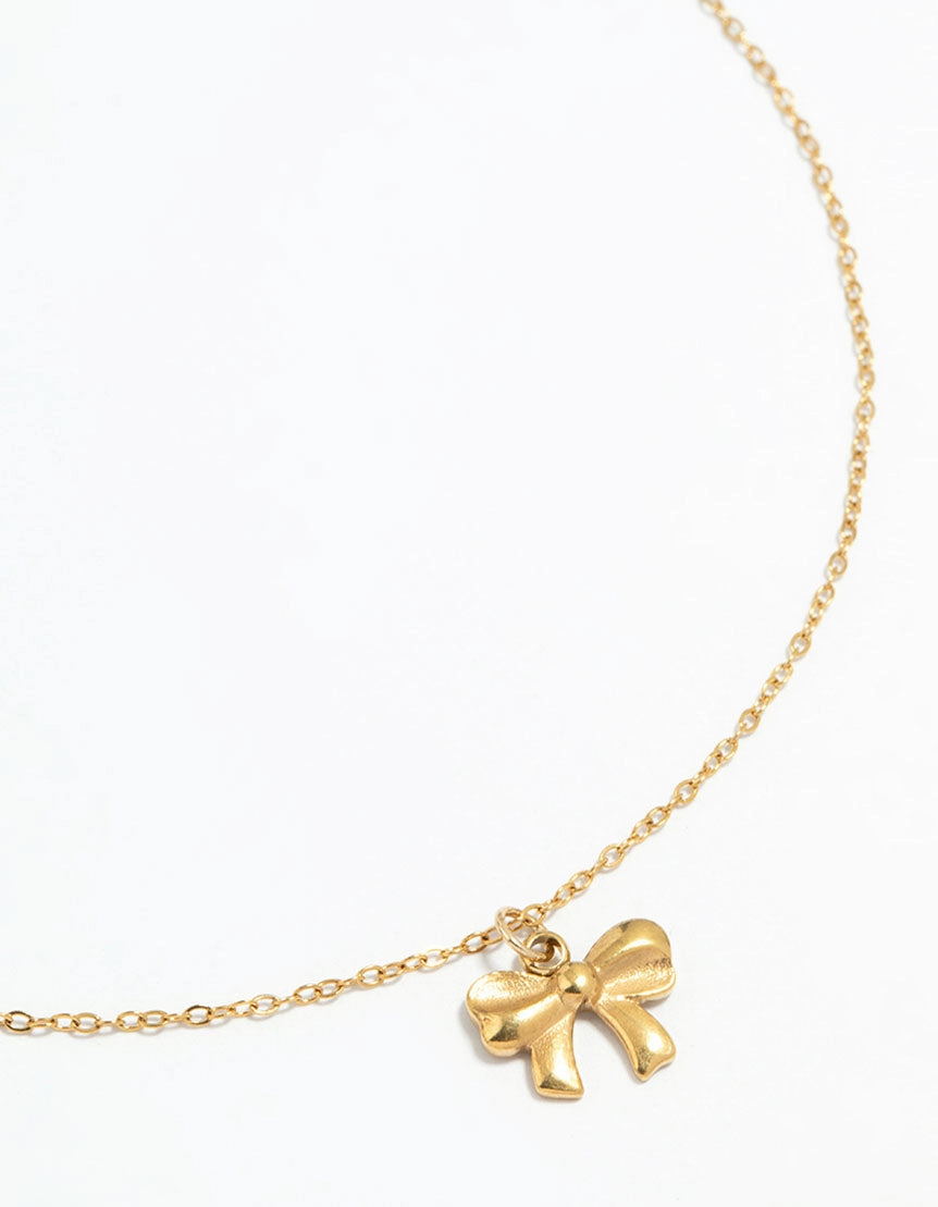Waterproof Gold Plated Stainless Steel Bow Pendant Necklace Fine Adornment