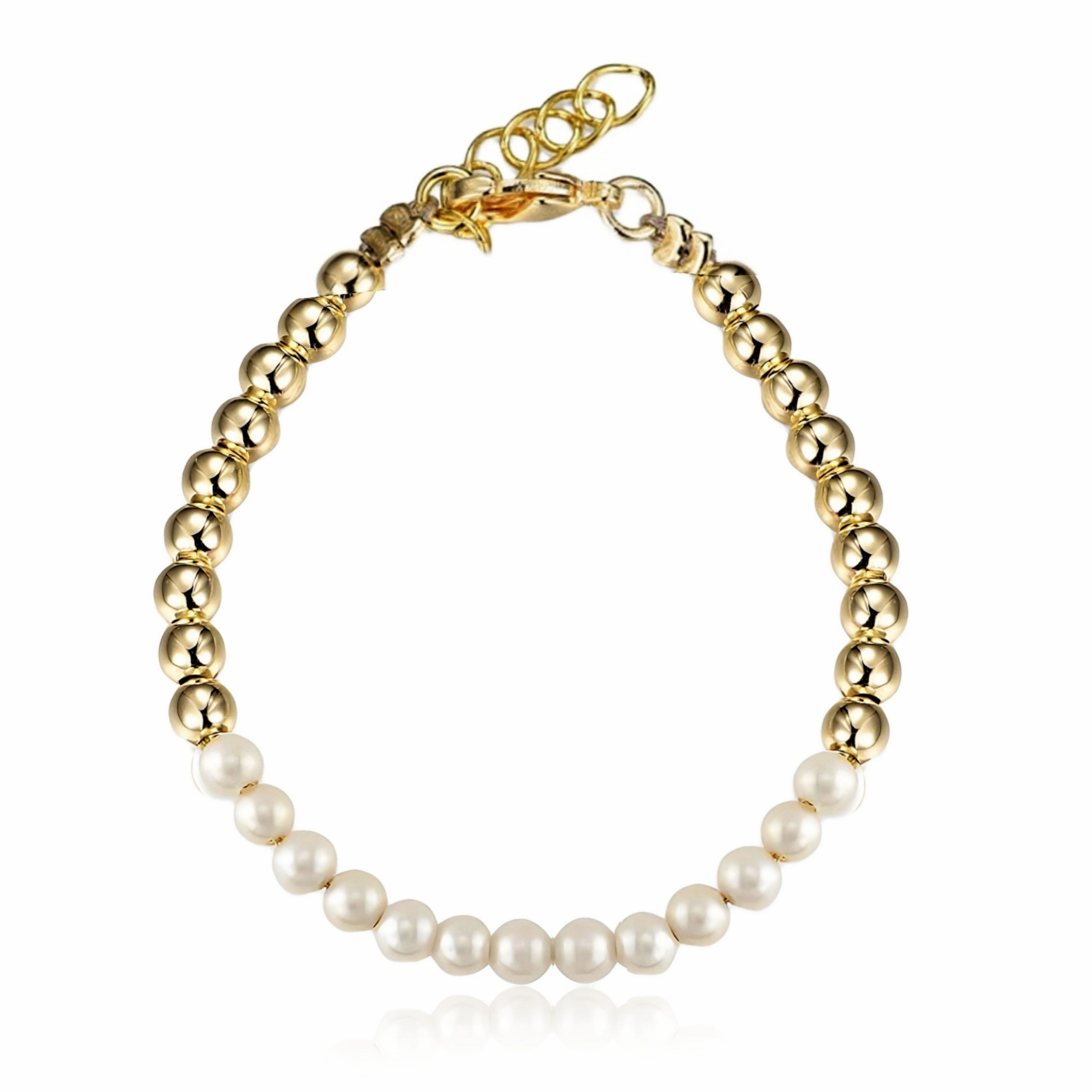 Gold Plated Sterling Silver 4mm Beads and Shell Pearls Bracelet Suitable Charge Communal Symbol